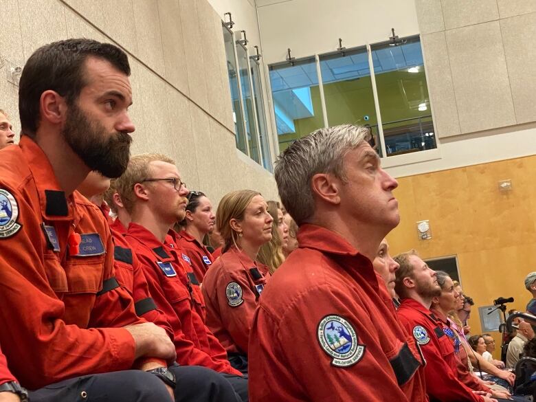 Members of the B.C. Wildfire Service attend a memorial service for their fallen colleague Devyn Gale in Revelstoke on Saturday July 22, 2023.