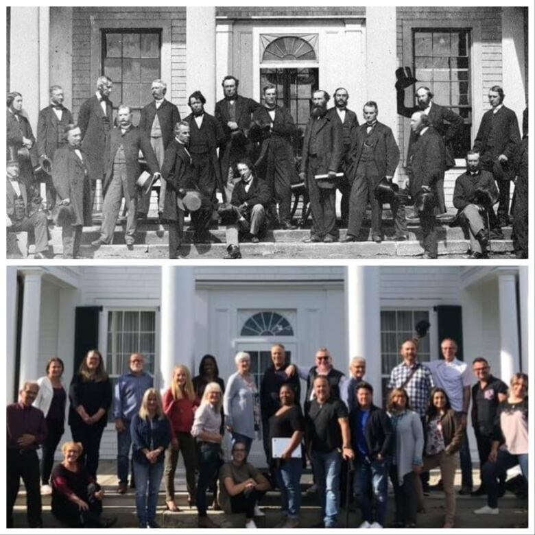 Two photos on top of one another - the lower one a recreation of an historic photo of the Father's of Confederation.