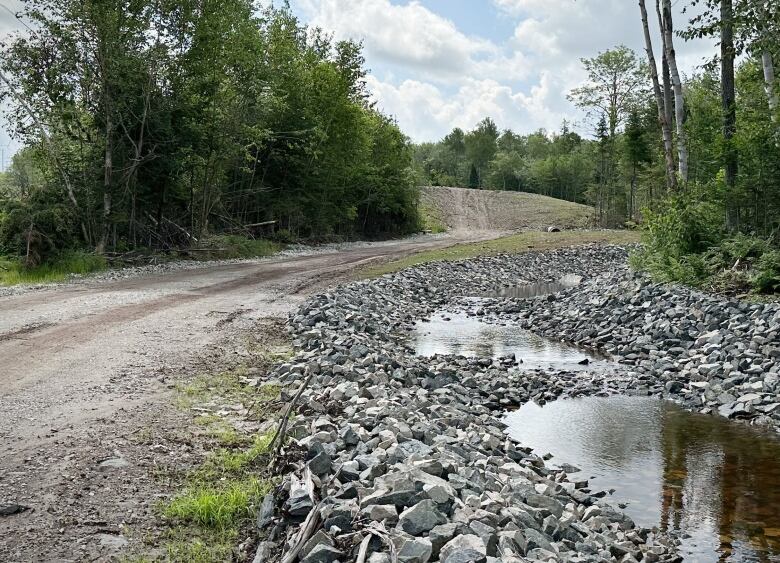 A road winds through a forest leading to a large mound of earth.