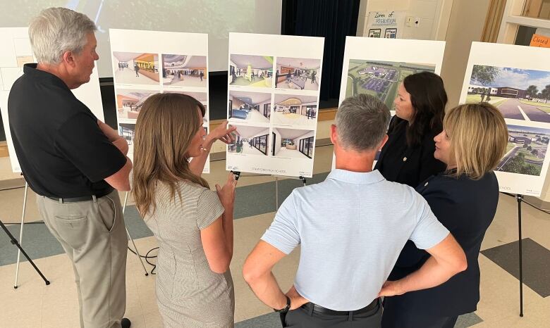 Five people look at some renderings of a building.