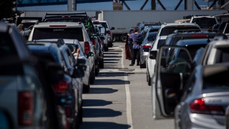 Rows and rows of cars are pictured queueing up on a ferry terminal.