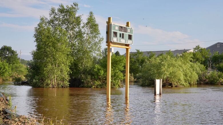 A sign in a baseball field is seen completely surrounded by water.