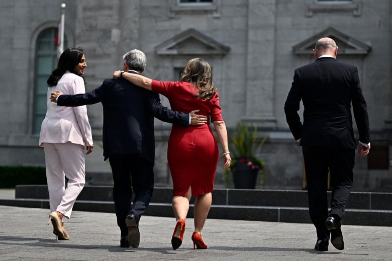 President of the Treasury Board Anita Anand, left to right, Minister of Innovation, Science and Industry Francoise-Philippe Champagne, Deputy Prime Minister Chrystia Freeland and Minister of Employment, Workforce Development and Official Languages Randy Boissonnault leave a press conference following a cabinet swearing-in ceremony at Rideau Hall in Ottawa, Wednesday, July 26, 202. 