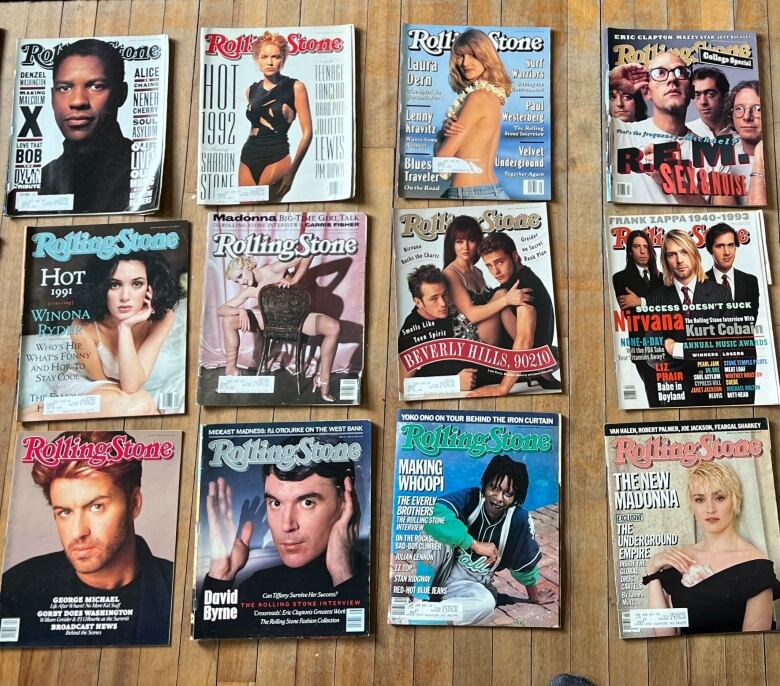 Various archival issues of Rolling Stone magazine, including covers featuring artists like Madonna and bands like Nirvana. 