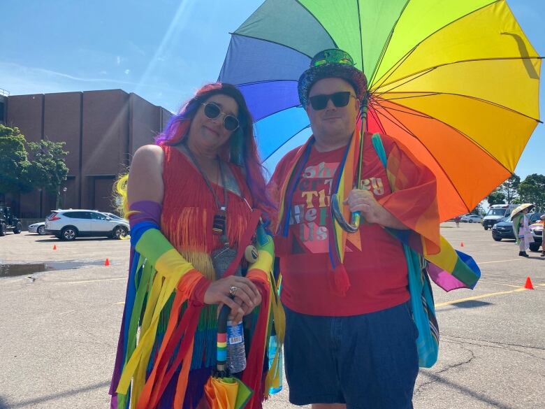 Tracy Barnett and Brendan Lea were decked out in Pride colours for the parade on Saturday.