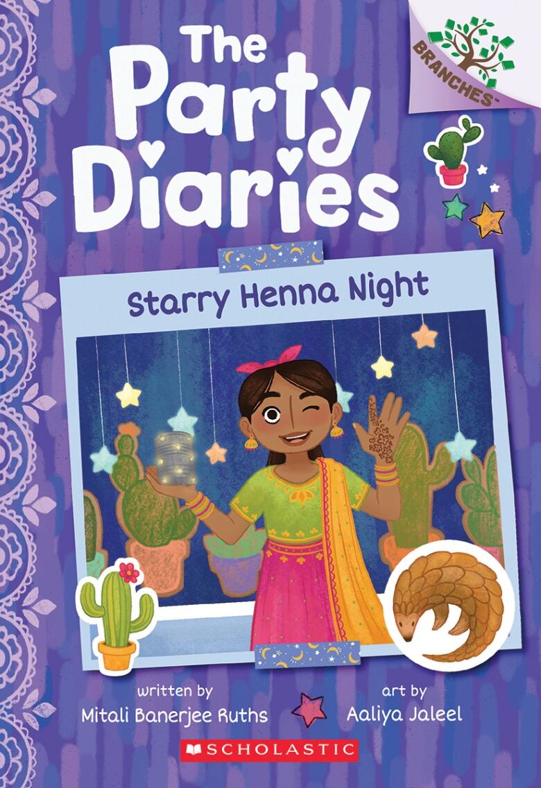 The book cover shows a picture of a young South Asian girl in traditional clothing in a party setting.  