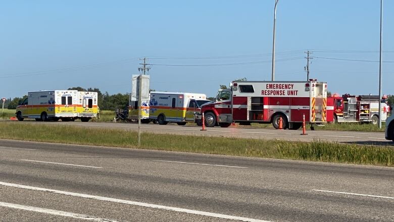 Fire trucks and ambulances on a highway.