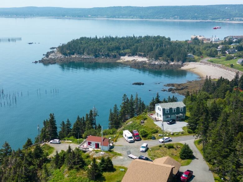 A birds-eye view of a green island with several houses and cars, surrounded by pine trees and water.