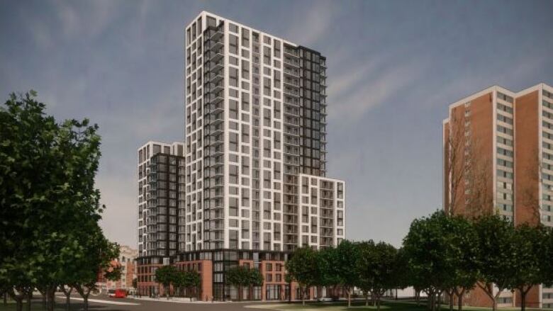 A rendering of two proposed towers on a street corner, the one in front larger than the one behind.