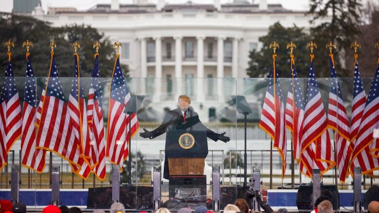 Trump at podium with White House in background and lots of U.S. flags around him 