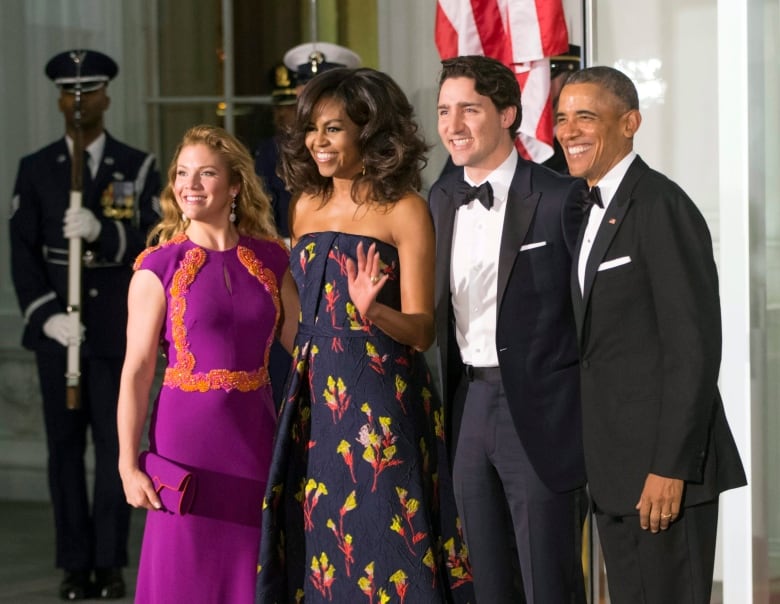 President Barack Obama and first lady Michelle Obama greet Trudeau and Grgoire Trudeau at the North Portico of the White House in Washington on Thursday, March 10, 2016, for a state dinner.