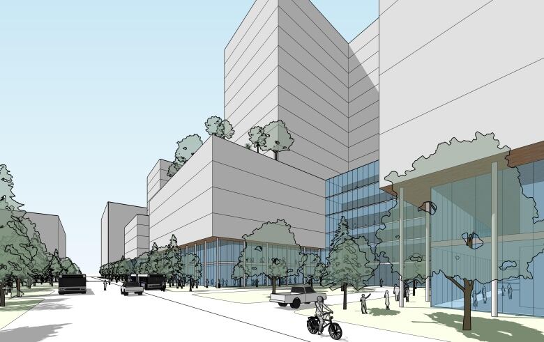 A drawn rendering of a large hospital building with cyclists and vehicles on the sidewalks and roads nearby.