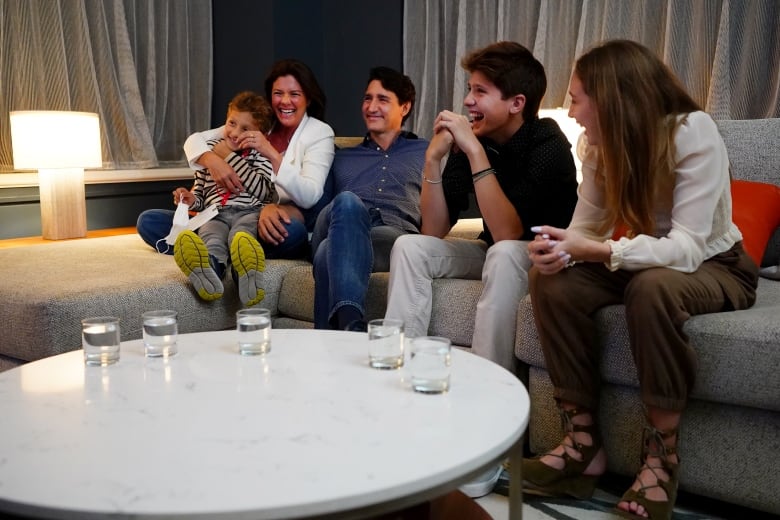 Trudeau watches election results with Grgoire Trudeau and children at Liberal headquarters in Montreal, Monday, Sept. 20, 2021.