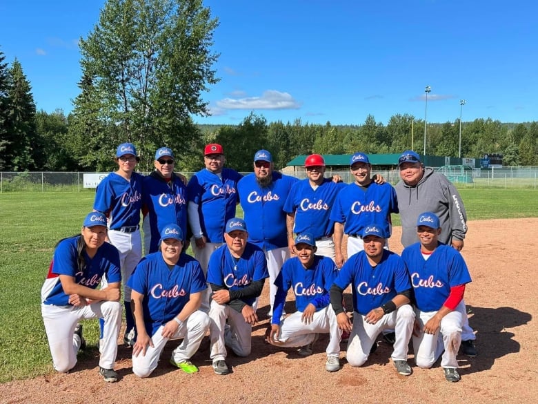 A group of men in blue baseball uniforms printed with words 'Cubs'.