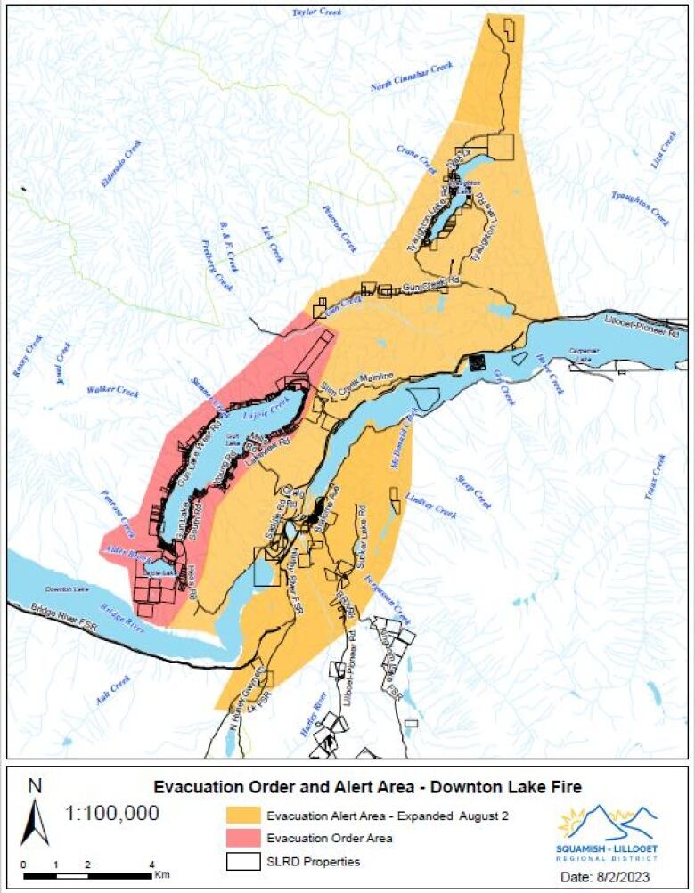 An area around Gun Lake in B.C. is highlighted in red to indicate an evacuation order, with a larger area in yellow to the north, east and south indicates an evacuation alert.