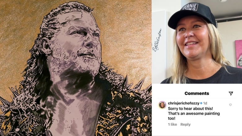 Calgary artist Kim Parrent, top right, painted this portrait of pro wrestler Chris Jericho, left, but it was stolen. The painting was for an Owen Hart Foundation fundraiser but it was stolen before it could be auctioned off. When news of the theft hit social media, Chris Jericho shared it with his 4.3 million Instagram followers.