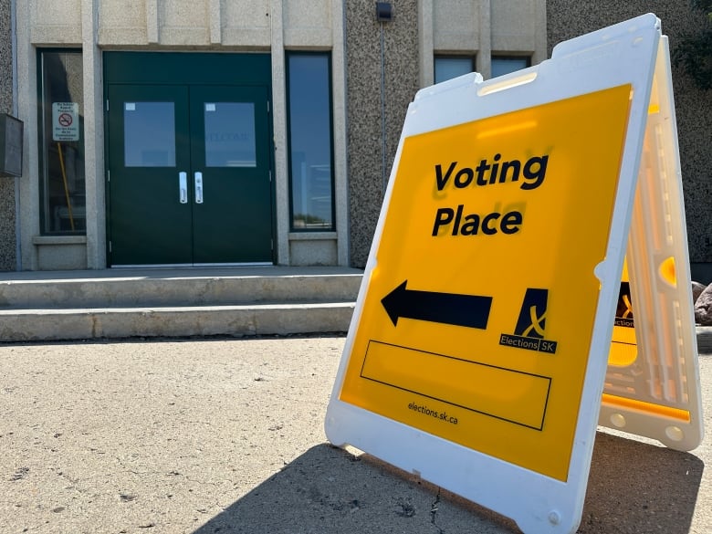 A sign in yellow that says voting place with an arrow marked towards a door.