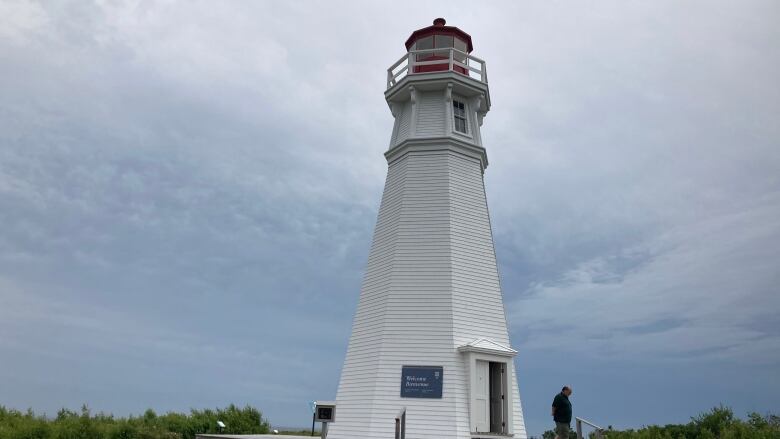 A lighthouse surrounded by blue skies