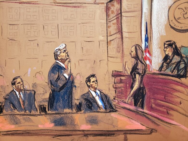 A court sketch shows a man swearing allegiance.