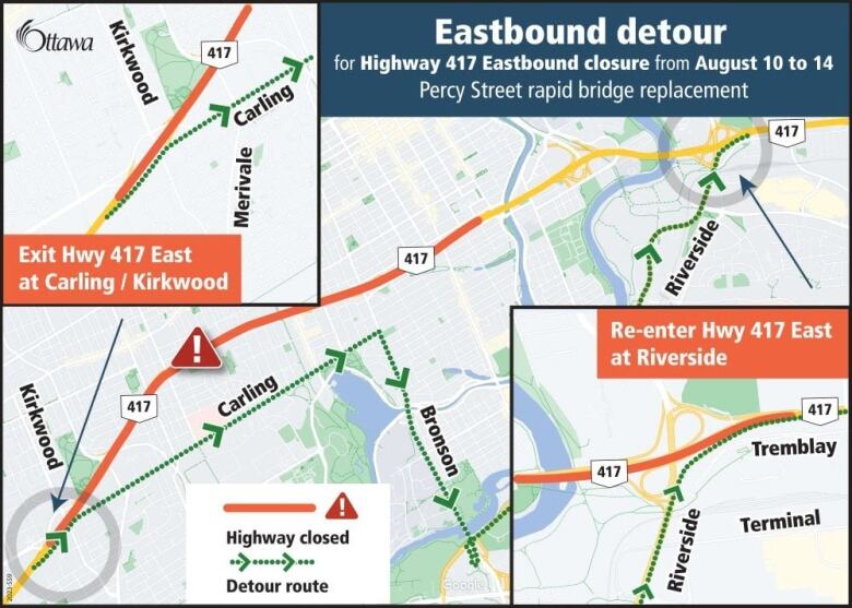 A map showing highway 417 detours.