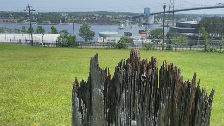 The jagged edges of the top of a wooden headstone are seen against a backdrop of Halifax Harbour.