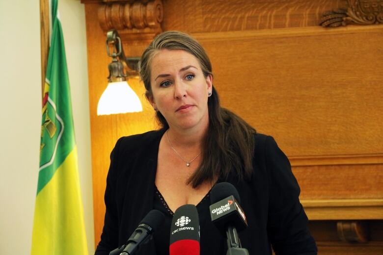 Aleanna Young, the Saskatchewan NDP's jobs and economy critic, speaking at a press conference. She blamed the provincial government for Saskatchewan's recent job losses. 