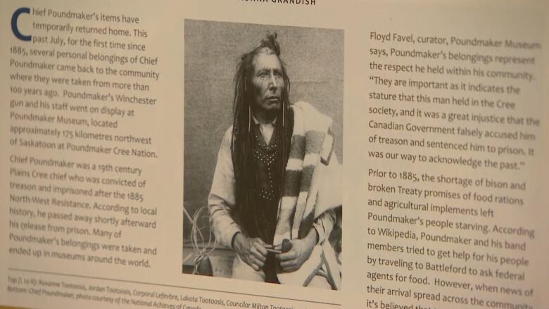 One of the restored images of Chief Poundmaker at the Poundmaker Museum and Gallery in which Poundmaker can be seen holding a pipe in his hand. 