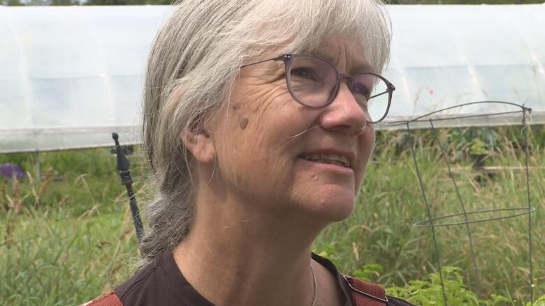 A headshot of a woman with grey hair pulled back in a long braid, wtih bangs, and wearing glasses. She is standing outdoors with grass and the side of a large, white greenhouse in the background.