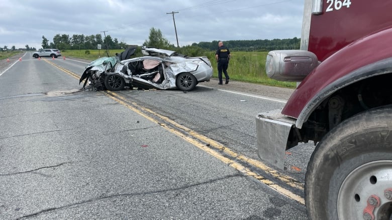 The scene of a fatal collision between a car and a transport truck in Caledon on Aug. 8, 2023.