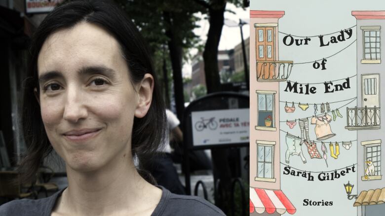 A composite image of a white woman with short black hair smirking into the camera and an illustrated book cover with clothesline connected between two short buildings.