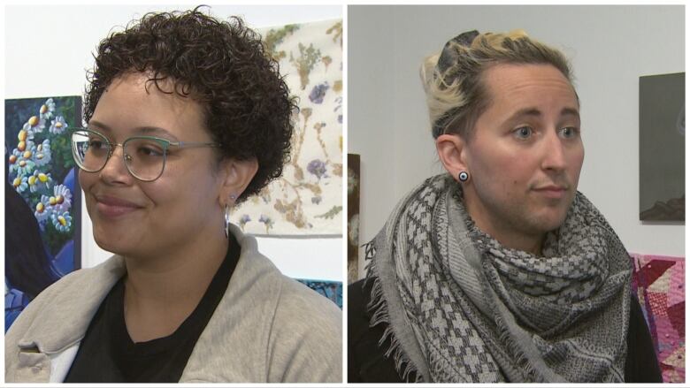 A collage of two photos. On the left, a woman with short brown hair and glasses stands in an art gallery. On the right, a person with their hair tied back stands next to a quilt.