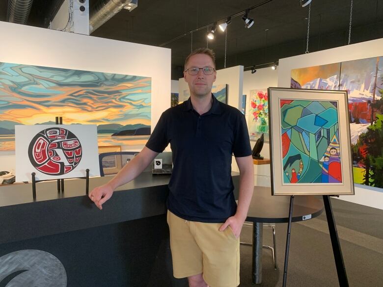 A man in navy blue polo short and yellow shorts stands between two paintings inside a gallery.