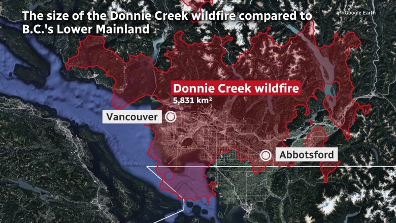 A map of B.C.'s Lower Mainland with a red blob that covers the area from Vancouver to Hope, B.C.