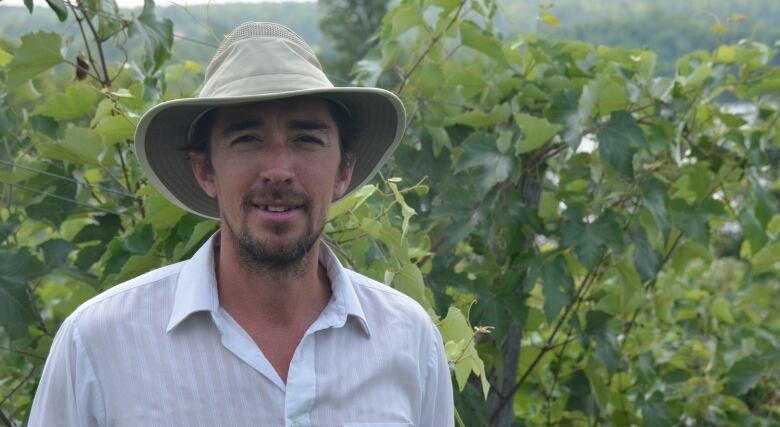 A man with a thin beard, wearing a wide-brimmed hat and a white shirt, stands in front of some grape vines. 