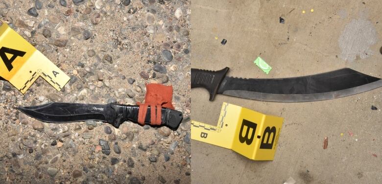 A composite image of two black handled knives side by side. The one on the right is larger than the one on the left. There are yellow evidence markers by each of the knives. 