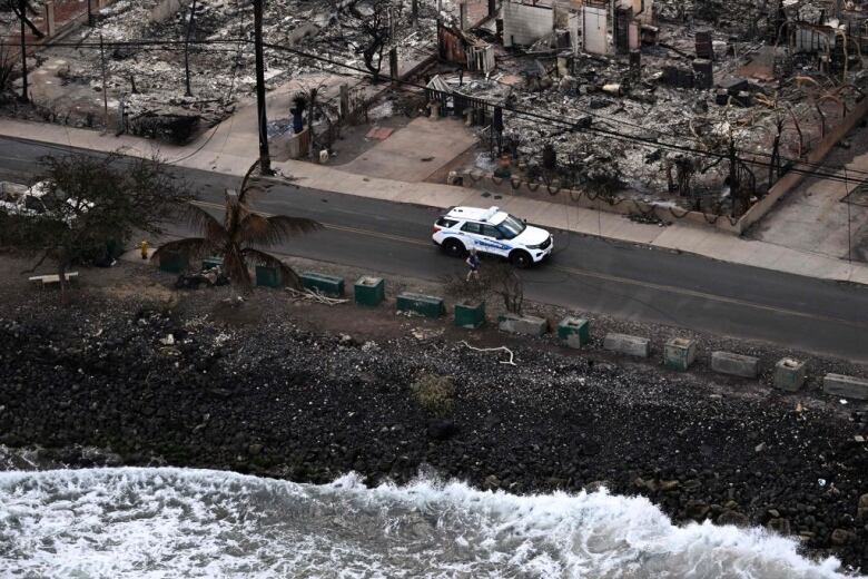 An aerial image gives a glimpse from above of some of the fire-caused devastation in Lahaina, Maui, Hawaii.