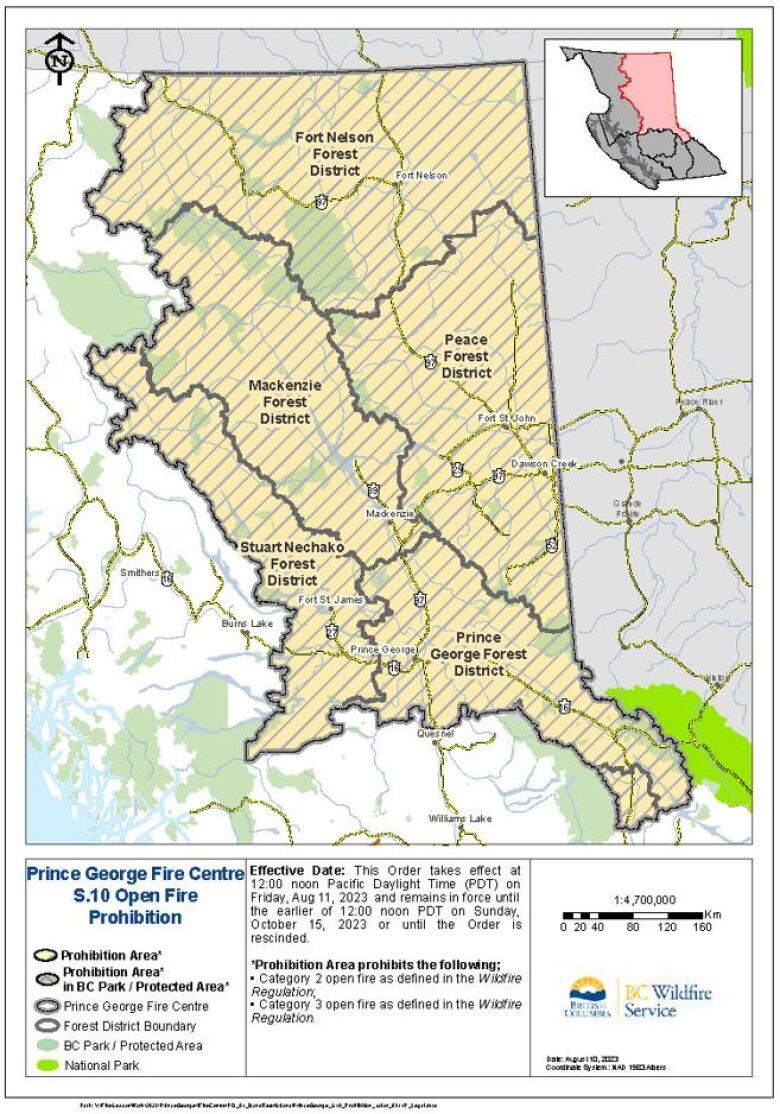 A map showing the areas of northern B.C. covered by a  campfire ban.