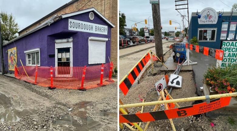 Two businesses shown in side-by-side photos. Each has the road in front of it removed with construction pylons, sawhorses and fencing nearby.