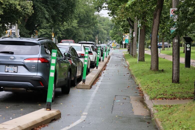 A bike lane, which is protected from vehicles by a curb, is shown in south-end Halifax.