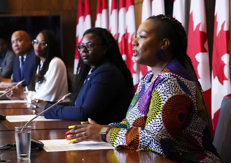 Parliamentarians sitting in a row in front of Canadian flags.