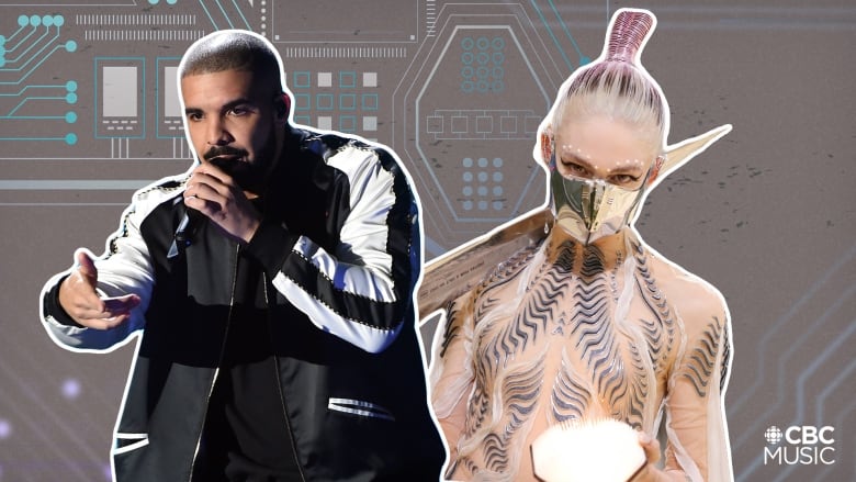 Collage of two musicians, Drake and Grimes.