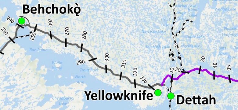 A map showing the kilometre markers from Behchok to Yellowknife.