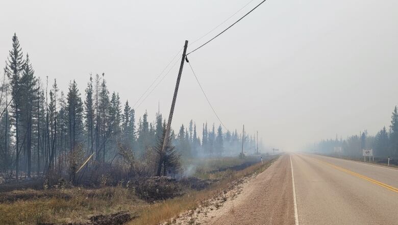 power pole burned in forest