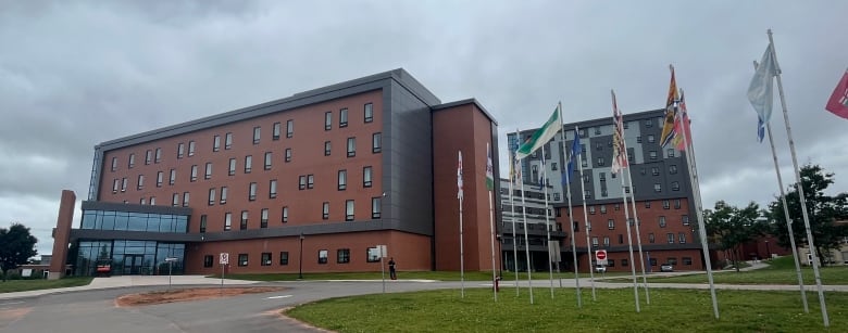 Flagpoles are visible against the backdrop of the new UPEI residence.