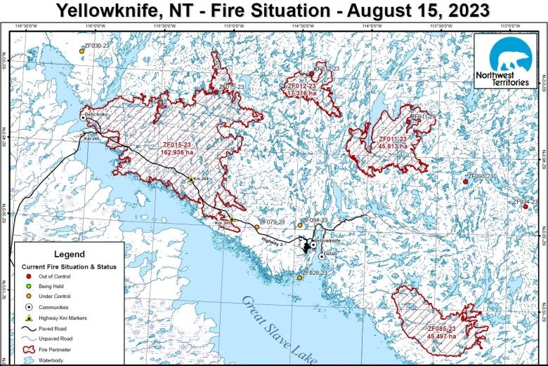 A map showing the wildfires surrounding Yellowknife, Ndil and Dettah on Aug. 15, 2023.