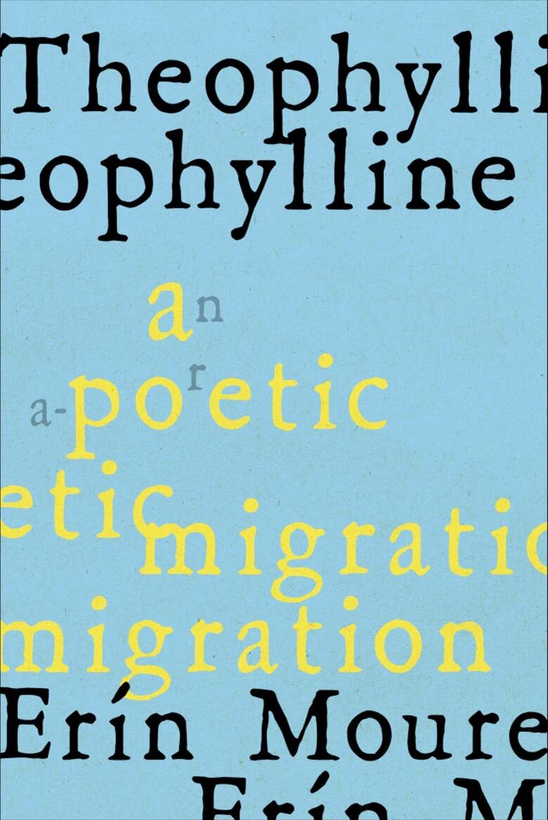 Theophylline by Ern Moure and Elisa Sempedrin. Bright light blue book cover with yellow and black words scattered across.