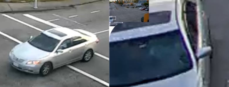 Side by side surveillance photos show a silver 2008 Toyota Camry on the left and a close up of the front windshield on the right, through which the outline of a driver is barely perceptible.