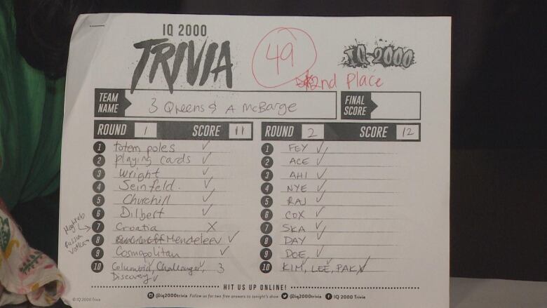 A Trivia card marked up in pencil showing two rounds of scoring.