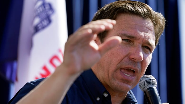 Republican presidential candidate Florida Gov. Ron DeSantis speaks during a Fair-Side Chat with Iowa Gov. Kim Reynolds at the Iowa State Fair, Aug. 12, 2023, in Des Moines, Iowa. He says he won't sign the pledge required to participate, but former President Donald Trump's Republican rivals are actively preparing as if he will be on stage for the GOP's first presidential debate next week.(AP Photo/Jeff Roberson)