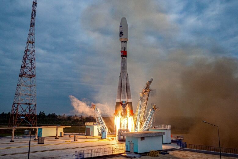 A rocket with a moon lander takes off from a launch paid in Russia.